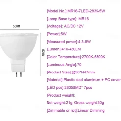 MR16 Gu5.3 Bulb Spotlights 3000K Warm White/6000K White Dimmable 50000 Hour Lifetime 5 Watt MR16 LED Light Bulb 4-Pack