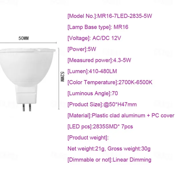 MR16 Gu5.3 Bulb Spotlights 3000K Warm White/6000K White Dimmable 50000 Hour Lifetime 5 Watt MR16 LED Light Bulb 4-Pack