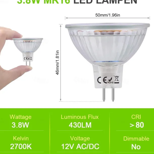 Mr16 LED Bulb 4W 3000K Warm White/6000K White 12V Low Voltage for Track Lights Fiber Optics Desk Lamps Spotlights with Glass Cover 1/10 Pcs