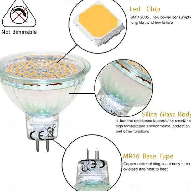 Mr16 LED Bulb 4W 3000K Warm White/6000K White 12V Low Voltage for Track Lights Fiber Optics Desk Lamps Spotlights with Glass Cover 1/10 Pcs