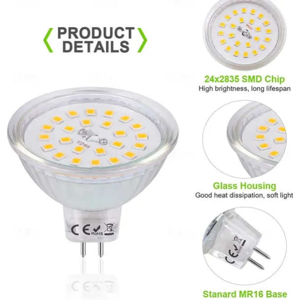 Mr16 LED Bulb 4W 3000K Warm White/6000K White 12V Low Voltage for Track Lights Fiber Optics Desk Lamps Spotlights with Glass Cover 1/10 Pcs