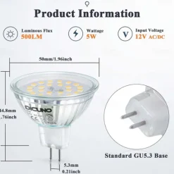 MR16 LED Bulbs GU5.3 Bi-Pin LED Bulbs Base Clear Glass Cover 12V 50W Halogen Equivalent Non-Dimmable 120 Degree Beam Angle 500LM for Landscape Spotlight Track Lights 10 Pcs