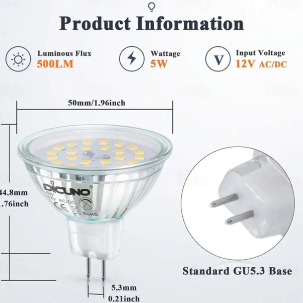 MR16 LED Bulbs GU5.3 Bi-Pin LED Bulbs Base Clear Glass Cover 12V 50W Halogen Equivalent Non-Dimmable 120 Degree Beam Angle 500LM for Landscape Spotlight Track Lights 10 Pcs