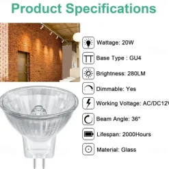 MR11 20W 12V Light Bulbs GU4 Bi Pin Base Spotlight Bulb Dimmable Warm White MR11 Bulbs for Landscape Track Lights Fiber Optics Desk Lamps 10pcs