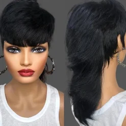 Mullet Wig Pixie Cut Wigs Human Hair for Women Shaggy Layered 70s 80s 90s Mullet Wigs With Bangs For Black Women Natural Black Wolfcut Straight Brazilian Human Hair Wigs