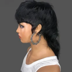 Mullet Wig Pixie Cut Wigs Human Hair for Women Shaggy Layered 70s 80s 90s Mullet Wigs With Bangs For Black Women Natural Black Wolfcut Straight Brazilian Human Hair Wigs