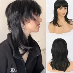 Mullet Wigs for Black Women Straight Wolf Cut Wig Mullet Wig Layered Mullet Wigs with Bangs Soft Synthetic Shag 80s 90s Mullet Wigs for Women Rocker Cosplay Wig Halloween Wigs