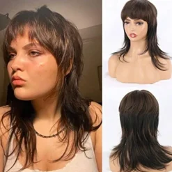 Mullet Wigs for Black Women Straight Wolf Cut Wig Mullet Wig Layered Mullet Wigs with Bangs Soft Synthetic Shag 80s 90s Mullet Wigs for Women Rocker Cosplay Wig Halloween Wigs