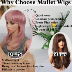 Mullet Wigs for Black Women Straight Wolf Cut Wig Mullet Wig Layered Mullet Wigs with Bangs Soft Synthetic Shag 80s 90s Mullet Wigs for Women Rocker Cosplay Wig Halloween Wigs