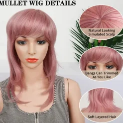 Mullet Wigs for Black Women Straight Wolf Cut Wig Mullet Wig Layered Mullet Wigs with Bangs Soft Synthetic Shag 80s 90s Mullet Wigs for Women Rocker Cosplay Wig Halloween Wigs