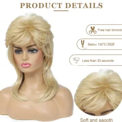 Mullet Wigs for Women Curly Soft Heat Resistant Shoulder Length Hair 80s Rocker Cosplay Halloween Wigs
