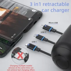 Multi Car Retractable Backseat 3 in 1 Car Charging Station Box Compatible with All Phones, for Uber Taxi Lyft Turo Ride Share Customer Charging Dock Attach to Headrest