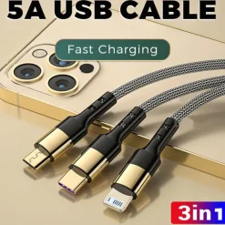 Multi Charging Cable 3 In 1 Charging Cable Multiple USB Cord Nylon Braided Charger For IP/Type-C/Micro-USB Compatible With Most Cell Phones/Tablets/Samsung Galaxy/and More