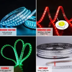 Multi Length LED RGB Strip Lights Dimmable Color Change Fairy Christmas 5050 60LED String Lights IP65 Waterproof Indoor Outdoor Rope Lights with Remote LED Strip Lighting 8x16mm AC220V