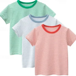 Multi Packs 3pcs Boys Crew Neck Short Sleeves T Shirt Tee Top Stripes Vacation Daily Wear 100% Cotton Spring & Summer