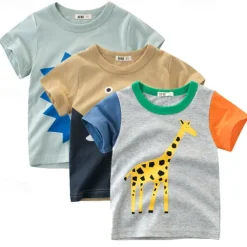 Multi Packs 3pcs Boys Crew Neck Short Sleeves Gray+Yellow+Green T Shirt Tee Top Print Graphic Vacation Daily Wear 100% Cotton Spring & Summer