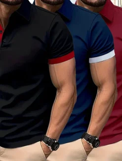 Multi Packs 3pcs Men's Lapel Short Sleeves Black+Navy Blue+Wine Button Up Polos Golf Shirt Golf Polos Shirts Patchwork Color Block Vacation Daily Wear Polyester Summer