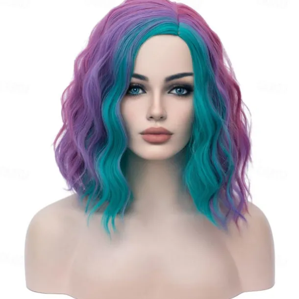 Multi-color Women Girls Wigs Rainbow Short Curly Bob Wavy Hair Wig Colored Side Part Body Wave Halloween Cosplay Daily Party Wigs For Carvinal
