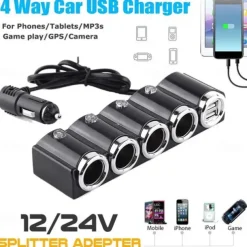 Multi-function 4 Way 12V-24V Car Cigarette Lighter Splitter Multi Socket Dual USB Plug Charger
