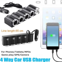 Multi-function 4 Way 12V-24V Car Cigarette Lighter Splitter Multi Socket Dual USB Plug Charger