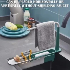 Multifunctional Kitchen Telescopic Rack Adjustable 2-in-1 Sink Organizer, Expandable Sink Basket, Sink Drain Rack, Sink Tray, Sponge Holder+Dish Cloth Hanger Random Color
