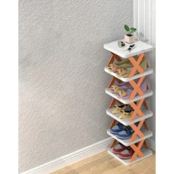Multilayer Tier Narrow Shoe Rack, Small Vertical Shoe Stand, Space Saving DIY Free Standing Shoes Storage Organizer for Entryway, Closet, Hallway, Easy Assembly and Stable in Structure