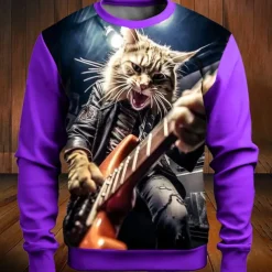 Music Festival Men's Color Block Cat Funny Sweatshirts Golf Pullover Sweatshirt Long Sleeve Sweatshirt Crew Neck Fashion Daily Casual 3D Print Vacation Holiday Going out Print Spring & Fall