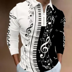 Music Festival Men's Music Zip Polo Shirts Golf Shirt Long Sleeve Polo Shirts Collared Shirts Casual Vacation Wear Festival Wear Party Outfits 3D Print Quarter Zip Polo Black-White Yellow Red