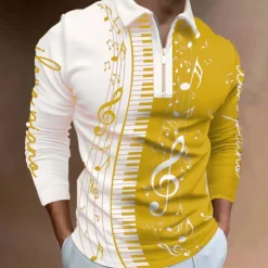Music Festival Men's Music Zip Polo Shirts Golf Shirt Long Sleeve Polo Shirts Collared Shirts Casual Vacation Wear Festival Wear Party Outfits 3D Print Quarter Zip Polo Black-White Yellow Red
