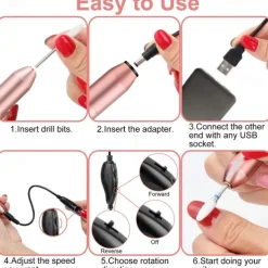 Nail Drill Portable Electric Nail Drill USB Electric Nail Filer With Drill Bits Sanding Bands Professional Nail Drill Machine Tools For Acrylic Nails Gel Nail