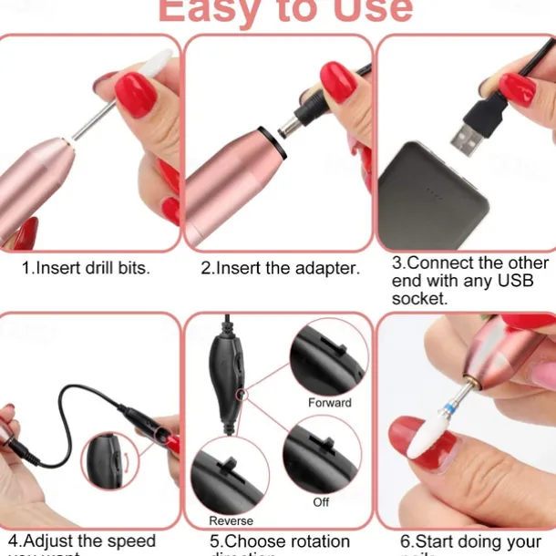 Nail Drill Portable Electric Nail Drill USB Electric Nail Filer With Drill Bits Sanding Bands Professional Nail Drill Machine Tools For Acrylic Nails Gel Nail