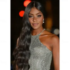 Naomi Campbell Inspired Wig Body Wave Asymmetrical Wig Very Long Black Synthetic Hair Women's Fashionable Design Soft Natural Black