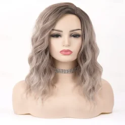 Natalie Portman Wig Ombre Short Curly Wig Synthetic Hair Ash Blonde Wig Ombre Brown Wigs for Women Best Glueless Blonde Wigs with Side Part Mixed Blonde Wig Wigs Christmas Party Wigs