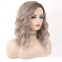 Natalie Portman Wig Ombre Short Curly Wig Synthetic Hair Ash Blonde Wig Ombre Brown Wigs for Women Best Glueless Blonde Wigs with Side Part Mixed Blonde Wig Wigs Christmas Party Wigs
