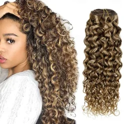Natural Curly Clip in Hair Extensions Remy Human Hair 22 Inch Long Clip in Curly Hair Extensions Human Hair Blonde Highlighted Brown Curly Clip in Real Human Hair Extensions 7Pcs 105g
