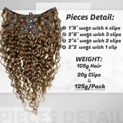 Natural Curly Clip in Hair Extensions Remy Human Hair 22 Inch Long Clip in Curly Hair Extensions Human Hair Blonde Highlighted Brown Curly Clip in Real Human Hair Extensions 7Pcs 105g