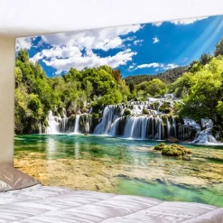 Natural Forest Waterfall Hanging Tapestry Wall Art Large Tapestry Mural Decor Photograph Backdrop Blanket Curtain Home Bedroom Living Room Decoration