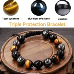 Natural Tiger Eye Agate Bracelet Men's Woven Adjustable Black Magnet Yoga Beaded Bracelet