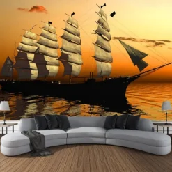 Nature Landscape Hanging Tapestry Wall Art Marine Sailing Moon Large Tapestry Mural Decor Photograph Backdrop Blanket Curtain Home Bedroom Living Room Decoration Pirate