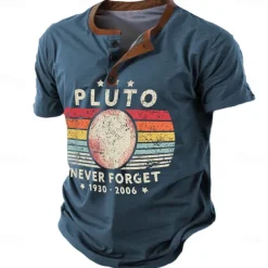 Never Forget Pluto Men's Retro Vintage 3D Print T shirt Tee Henley Shirt Sports Outdoor Casual Daily T shirt Navy Blue Brown Green Short Sleeve Henley Shirt Spring & Summer Clothing Apparel