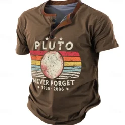Never Forget Pluto Men's Retro Vintage 3D Print T shirt Tee Henley Shirt Sports Outdoor Casual Daily T shirt Navy Blue Brown Green Short Sleeve Henley Shirt Spring & Summer Clothing Apparel