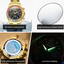 New Men'S Luminous Business Watch Perpetual Calendar Moon Phase Display Colorful Diamond Multi-Function Automatic Mechanical Watch Waterproof Sports Leisure Men'S Watch