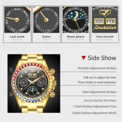 New Men'S Luminous Business Watch Perpetual Calendar Moon Phase Display Colorful Diamond Multi-Function Automatic Mechanical Watch Waterproof Sports Leisure Men'S Watch