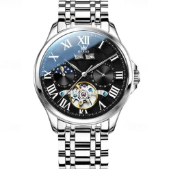 New Olevs Brand Men'S Business Stainless Steel Band Watch Moon Phase Double Calendar 24-Hour Indication Automatic Mechanical Watch Simple Leisure Sports Men'S Wristwatch