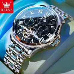 New Olevs Brand Men'S Business Stainless Steel Band Watch Moon Phase Double Calendar 24-Hour Indication Automatic Mechanical Watch Simple Leisure Sports Men'S Wristwatch