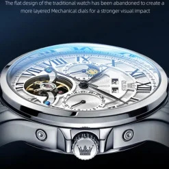New Olevs Brand Men'S Business Stainless Steel Band Watch Moon Phase Double Calendar 24-Hour Indication Automatic Mechanical Watch Simple Leisure Sports Men'S Wristwatch