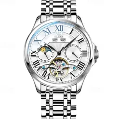New Olevs Brand Men'S Business Stainless Steel Band Watch Moon Phase Double Calendar 24-Hour Indication Automatic Mechanical Watch Simple Leisure Sports Men'S Wristwatch