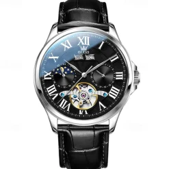 New Olevs Brand Men'S Business Stainless Steel Band Watch Moon Phase Double Calendar 24-Hour Indication Automatic Mechanical Watch Simple Leisure Sports Men'S Wristwatch