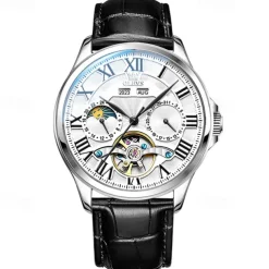 New Olevs Brand Men'S Business Stainless Steel Band Watch Moon Phase Double Calendar 24-Hour Indication Automatic Mechanical Watch Simple Leisure Sports Men'S Wristwatch
