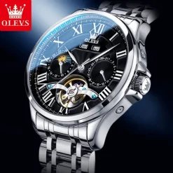 New Olevs Brand Men'S Business Stainless Steel Band Watch Moon Phase Double Calendar 24-Hour Indication Automatic Mechanical Watch Simple Leisure Sports Men'S Wristwatch